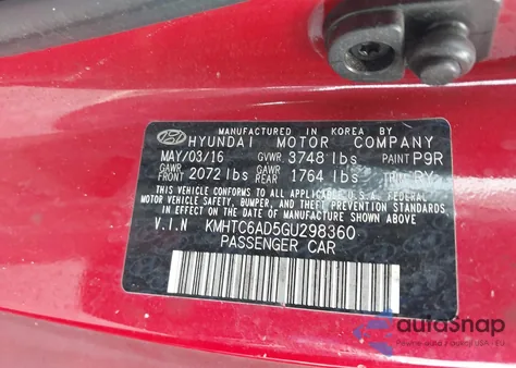 2016 Hyundai Veloster из США, поврежденный, VIN KMHTC6AD5GU298360